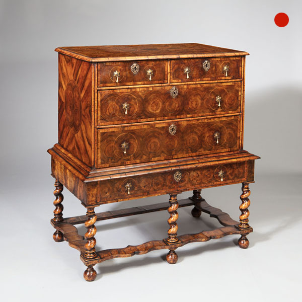 17th-Century William and Mary Olive Oyster Chest of Drawers on Stand