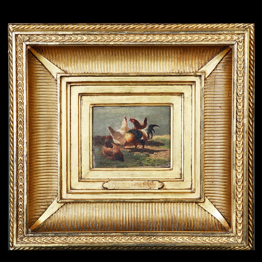 19th-Century Study of a Cockerel and Three Hens Oil Painting on Walnut Panel Charles Emile Jacque (1813-1894)