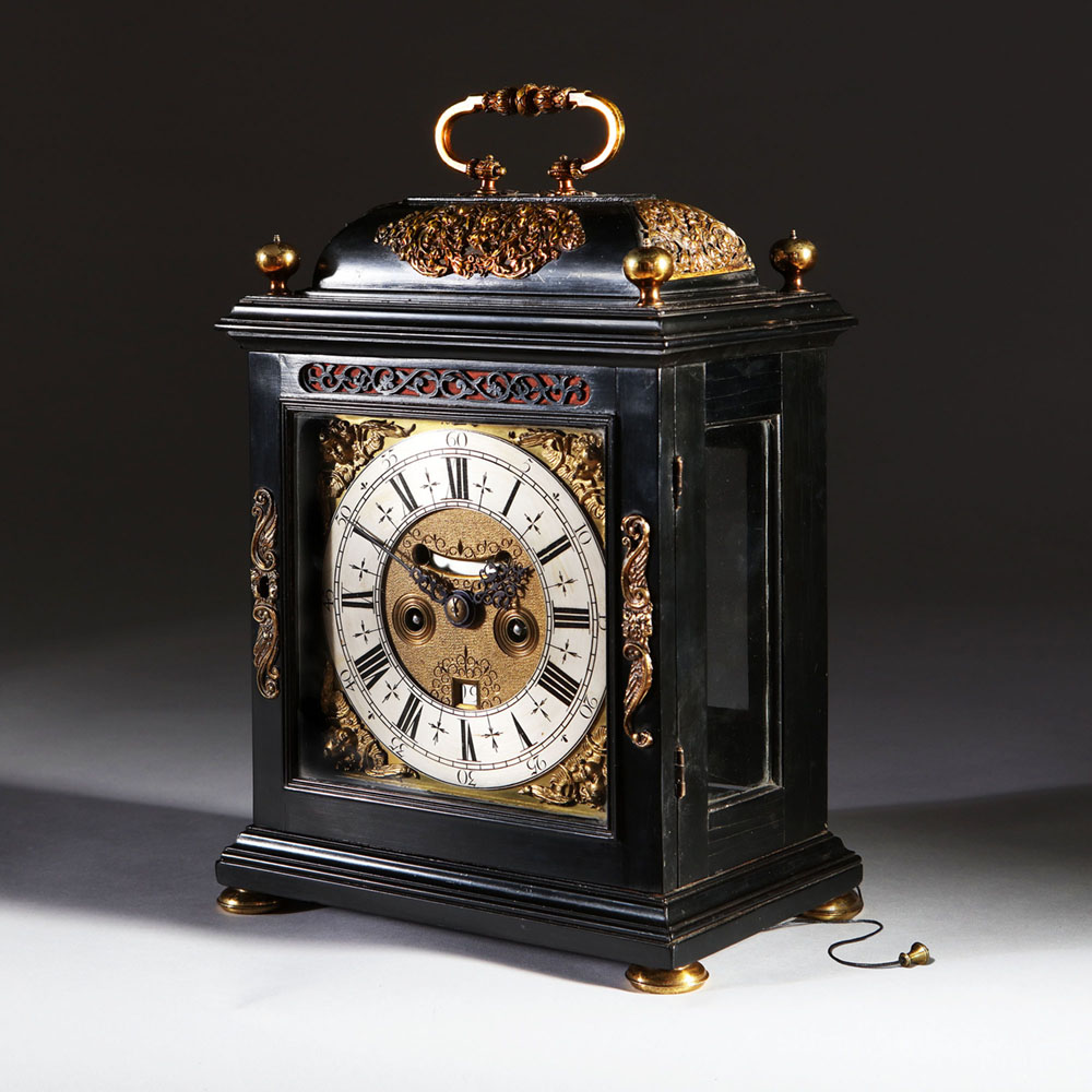 William and Mary Ebony Veneered Bracket Clock by Johnathan Lowndes