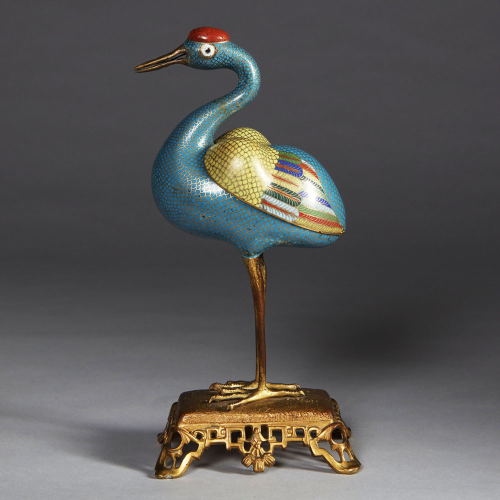 Chinese Cloisonne Enamel Censer Modelled as a Crane 18/19th Century Qing Dynasty