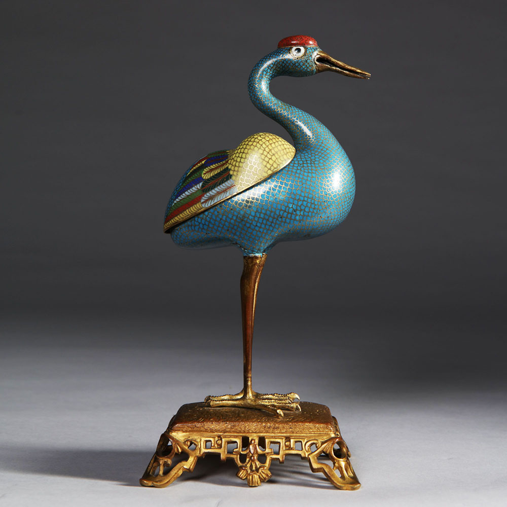 Chinese Cloisonne Enamel Censer Modelled as a Crane 18/19th Century Qing Dynasty