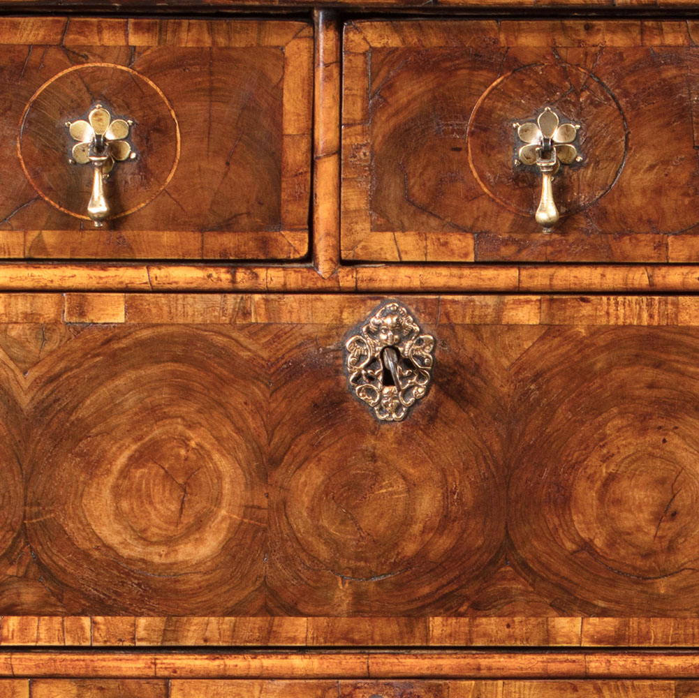 17th-Century William and Mary Olive Oyster Chest of Drawers on Stand