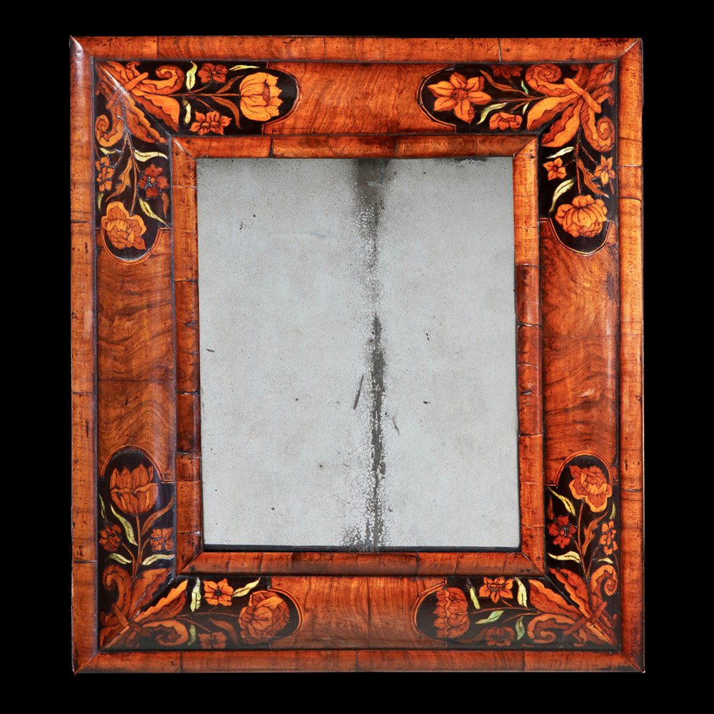 17th Century William and Mary Figured Walnut Marquetry Cushion Mirror 1
