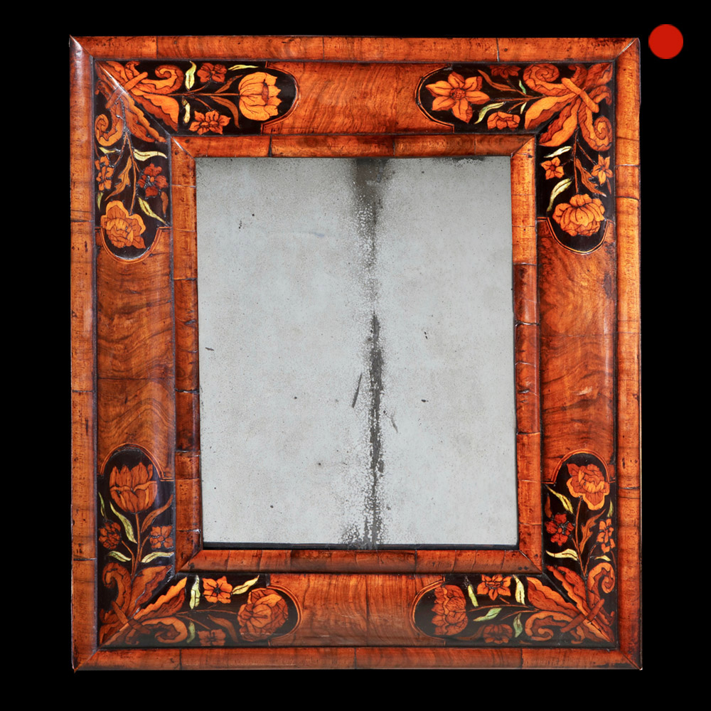 17th Century William and Mary Figured Walnut Marquetry Cushion Mirror