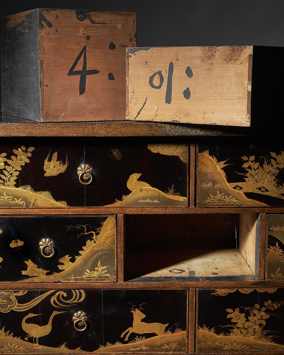 Charles II Japanned Cabinet of exceptional condition c. 1675 raised on a contemporary stand. 12