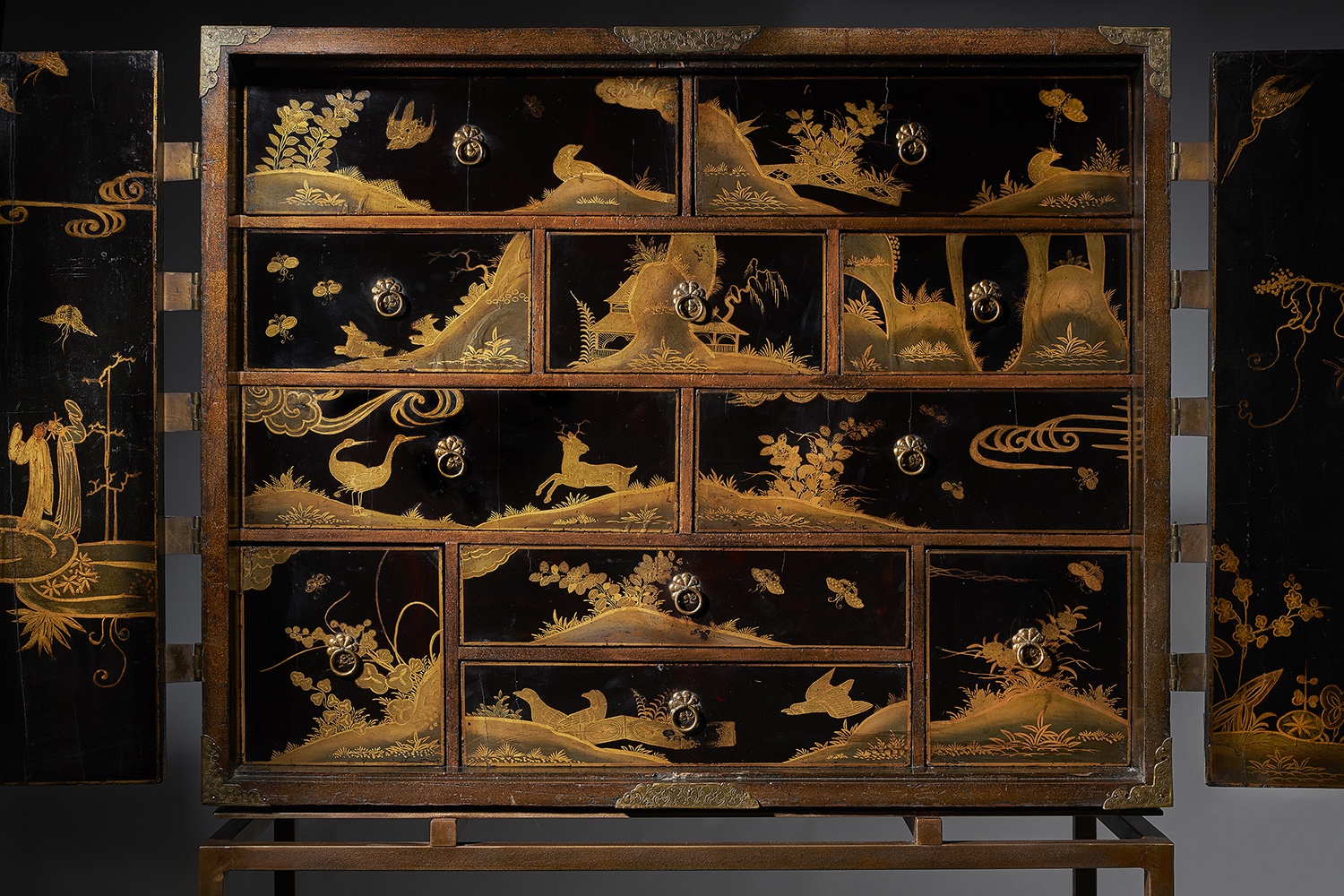 Charles II Japanned Cabinet of exceptional condition c. 1675 raised on a contemporary stand. 7