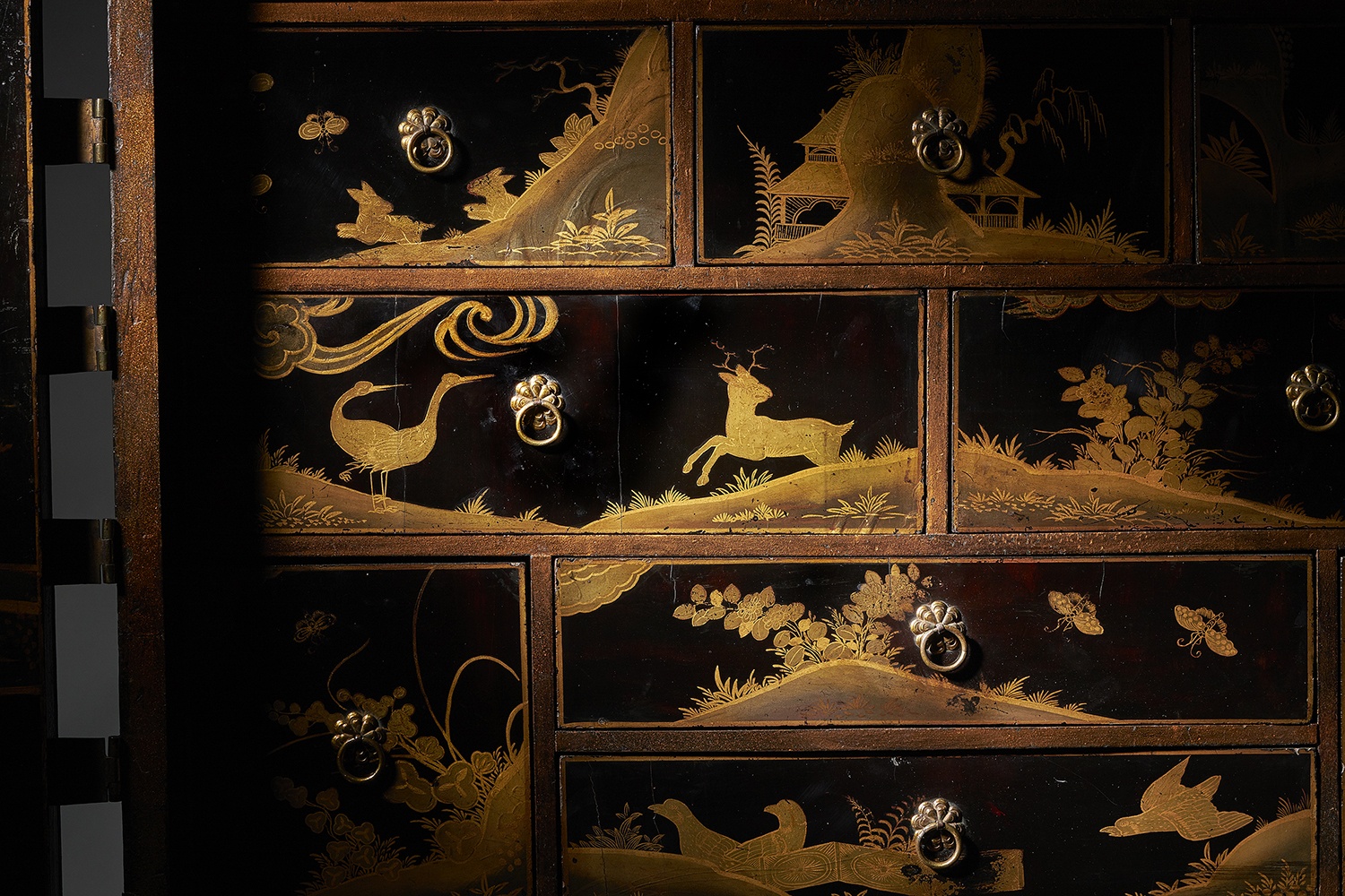 Charles II Japanned Cabinet of exceptional condition c. 1675 raised on a contemporary stand. 8