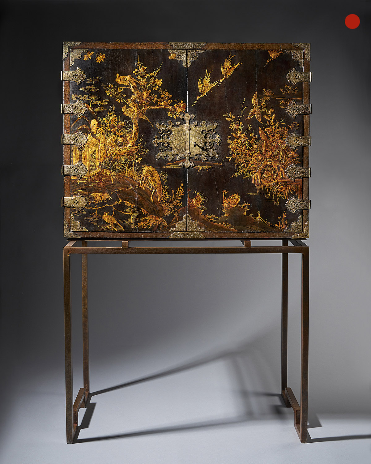 Charles II Japanned Cabinet of exceptional condition c. 1675 raised on a contemporary stand. 1