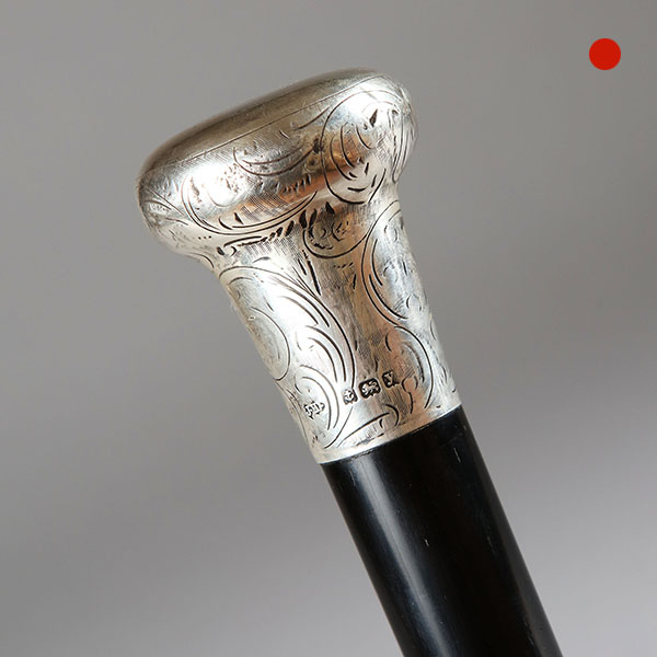 Engraved silver-topped ebony walking cane. Dated 1923 Birmingham