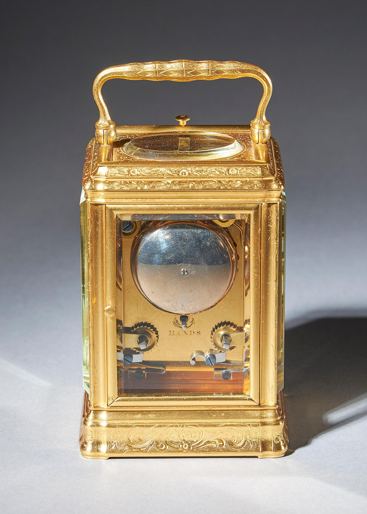 19th Century Gilt-Brass Engraved Striking and Repeating Carriage Clock 6