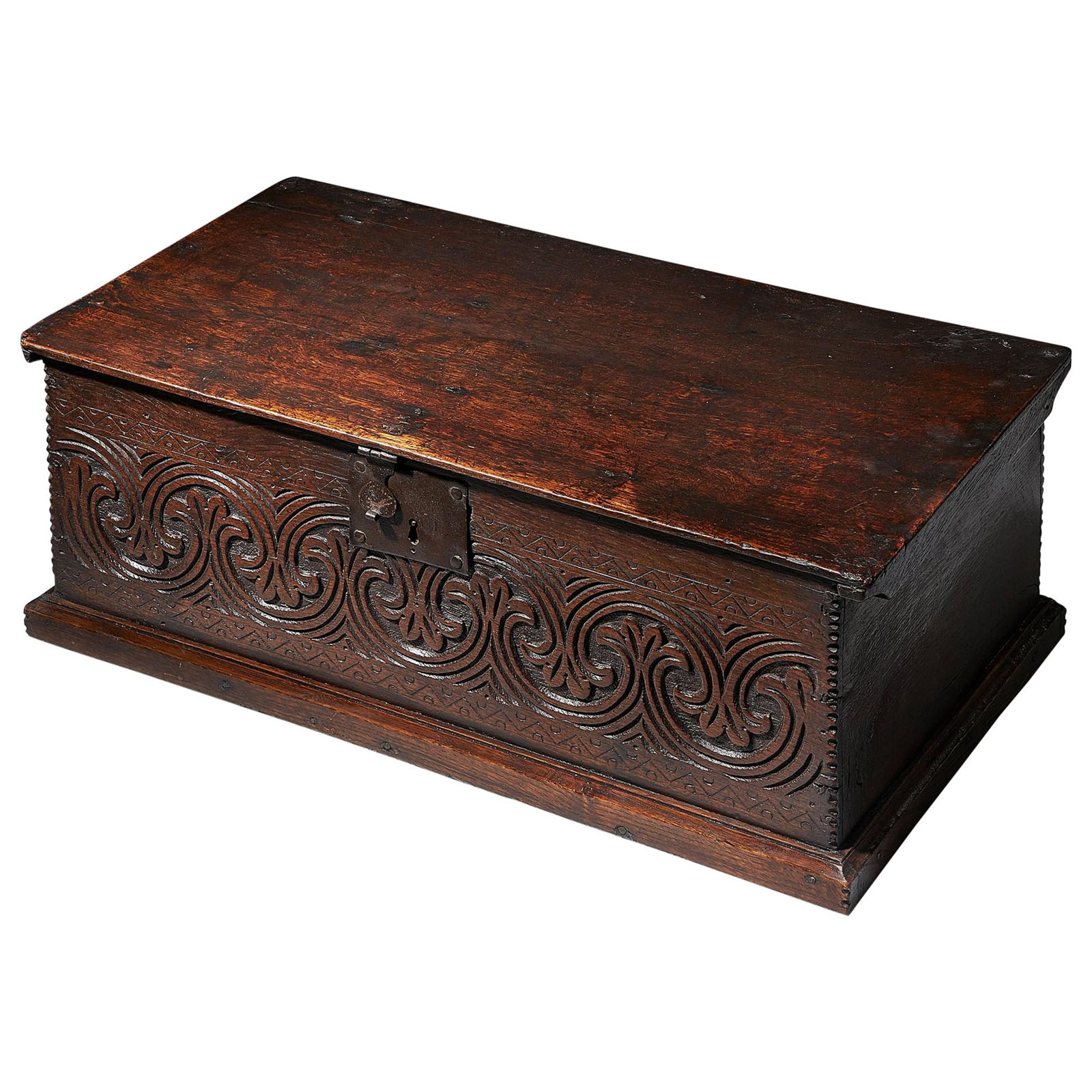 Late 17th Century Charles II Carved Oak Bible Box, Deed Box, Blanket Box,or Candle Box 1