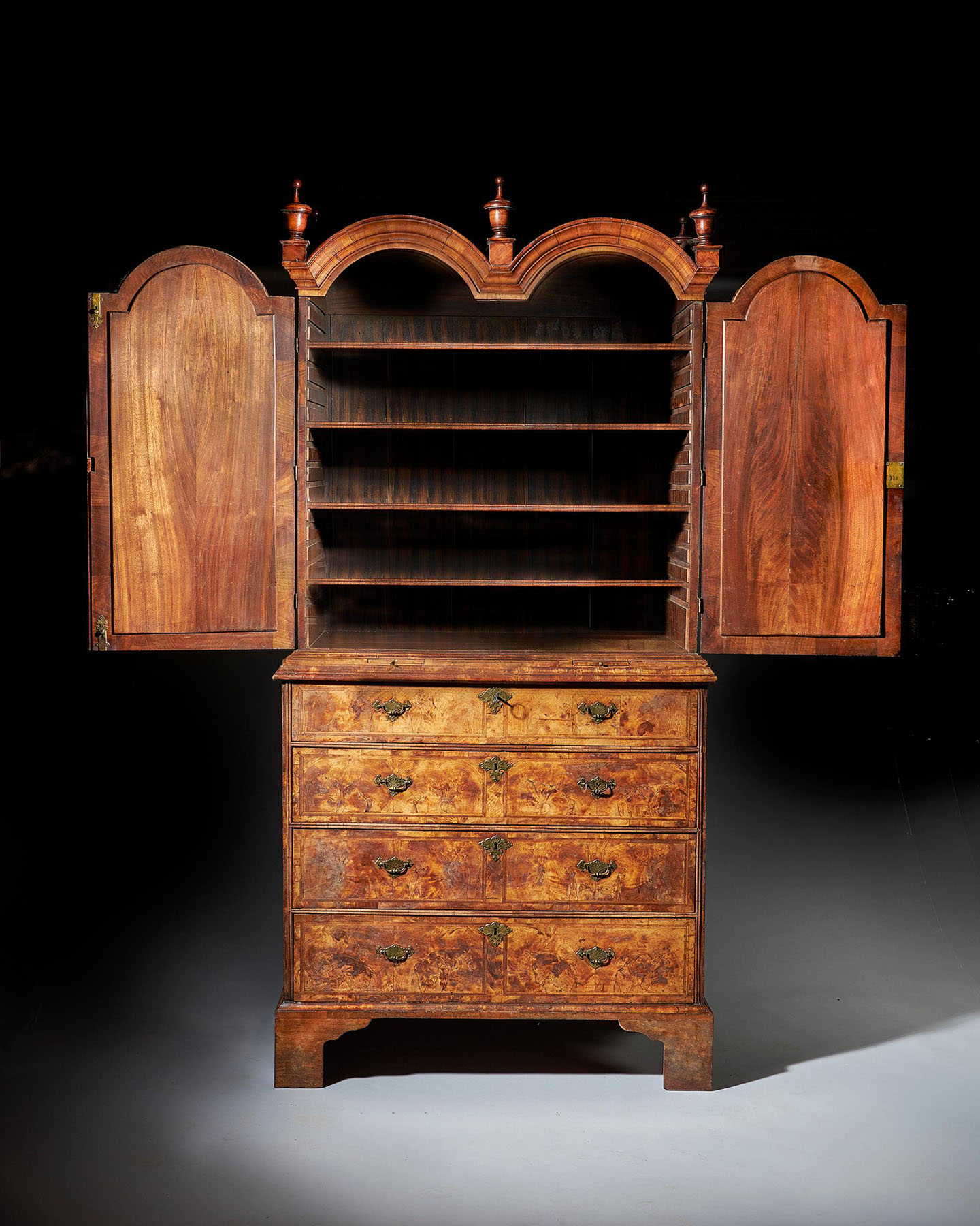 Early 18th Century George I Highly Figured Walnut Double Dome Bookcase on Chest 2