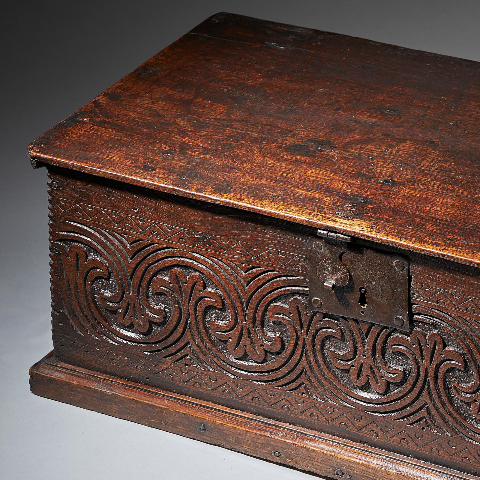 Late 17th Century Charles II Carved Oak Bible Box, Deed Box, Blanket Box,or Candle Box 2