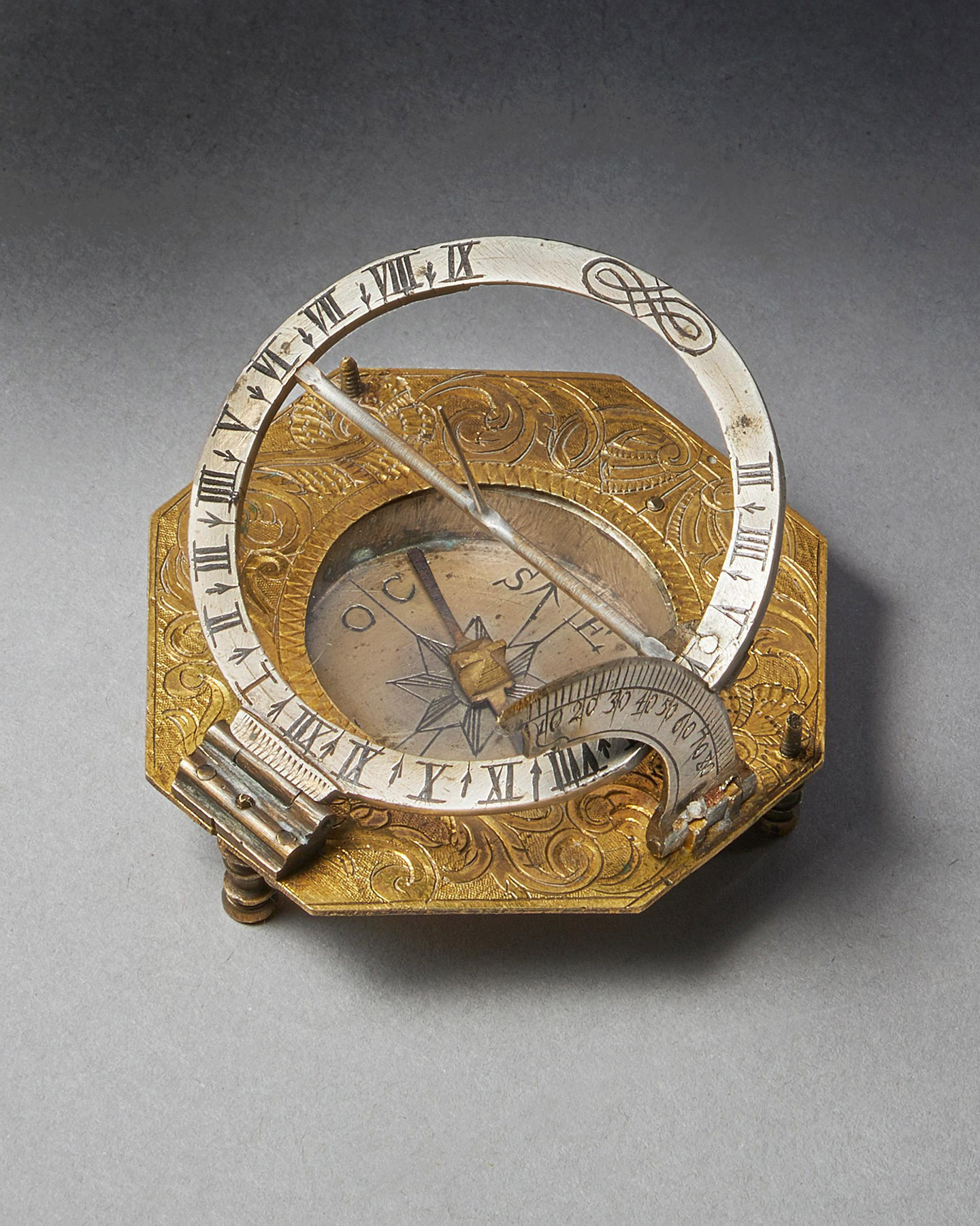 Powder Flask with Bullet Box, Clock, Compass, and Sundial, German,  Augsburg or Nuremberg