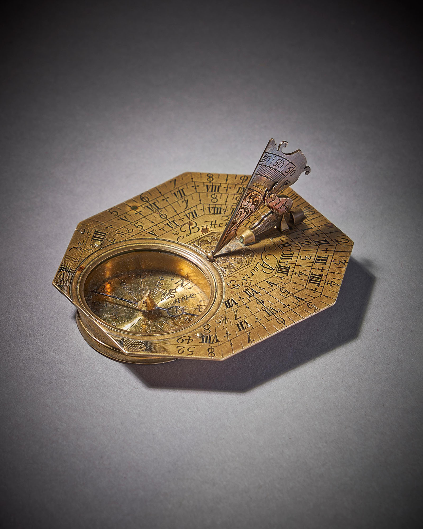 Fine Brass Pocket Sundial and Compass by Michael Butterfield Paris, circa 1700 9