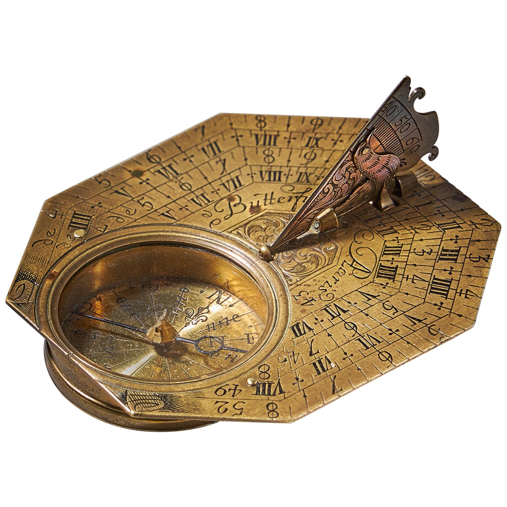 Fine Brass Pocket Sundial and Compass by Michael Butterfield Paris, circa 1700 1