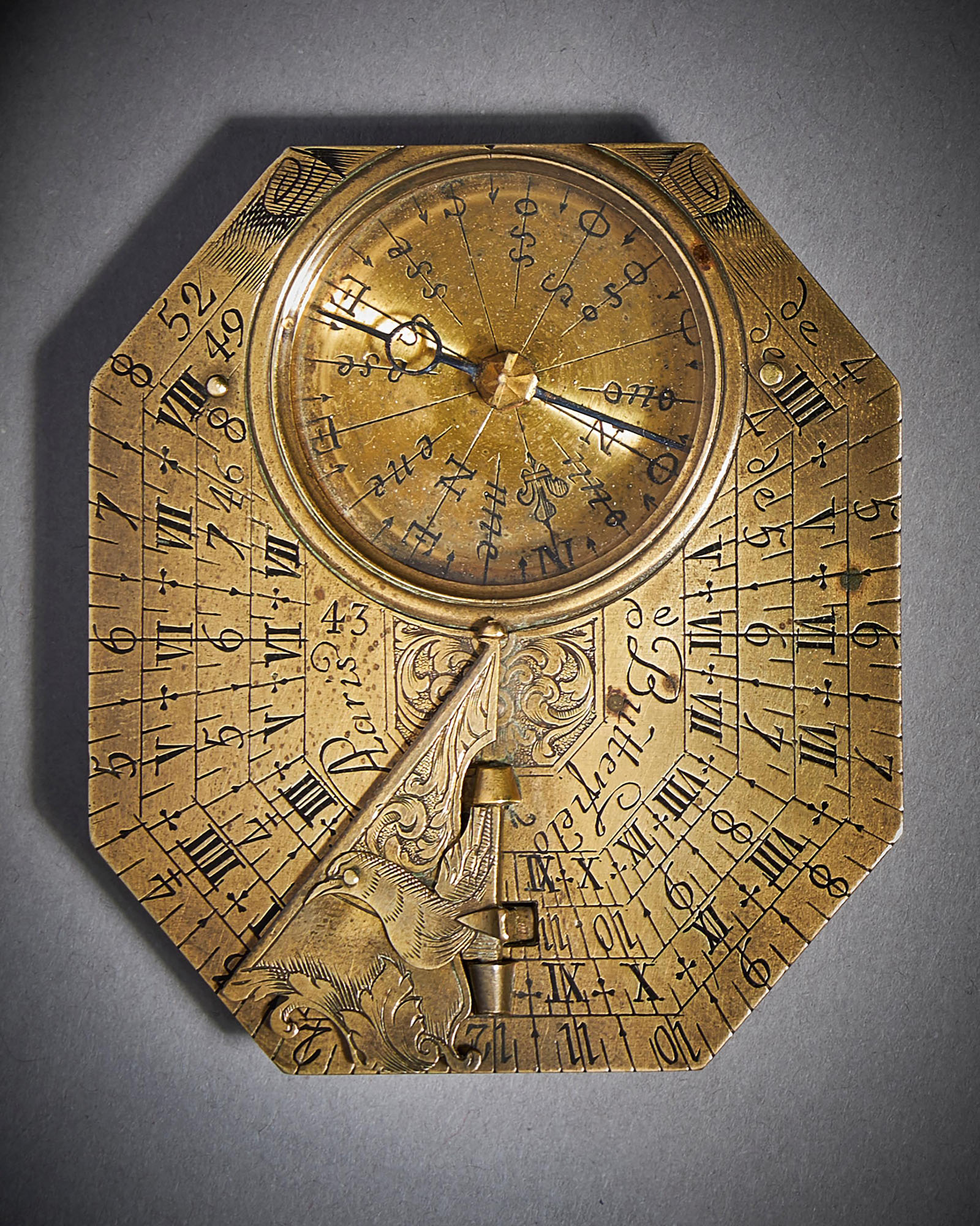 Fine Brass Pocket Sundial and Compass by Michael Butterfield Paris, circa 1700 3