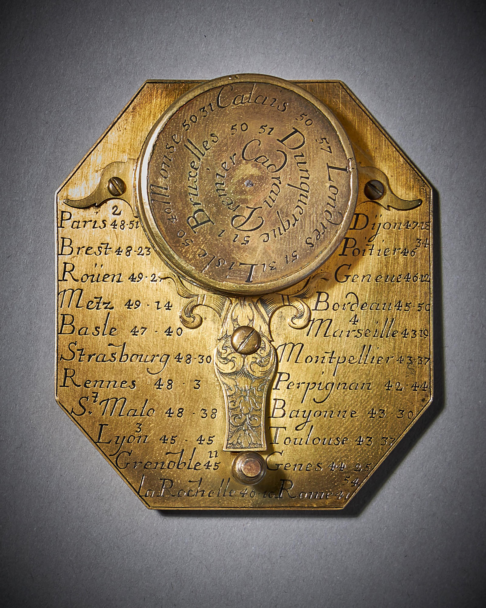 Fine Brass Pocket Sundial and Compass by Michael Butterfield Paris, circa 1700 4
