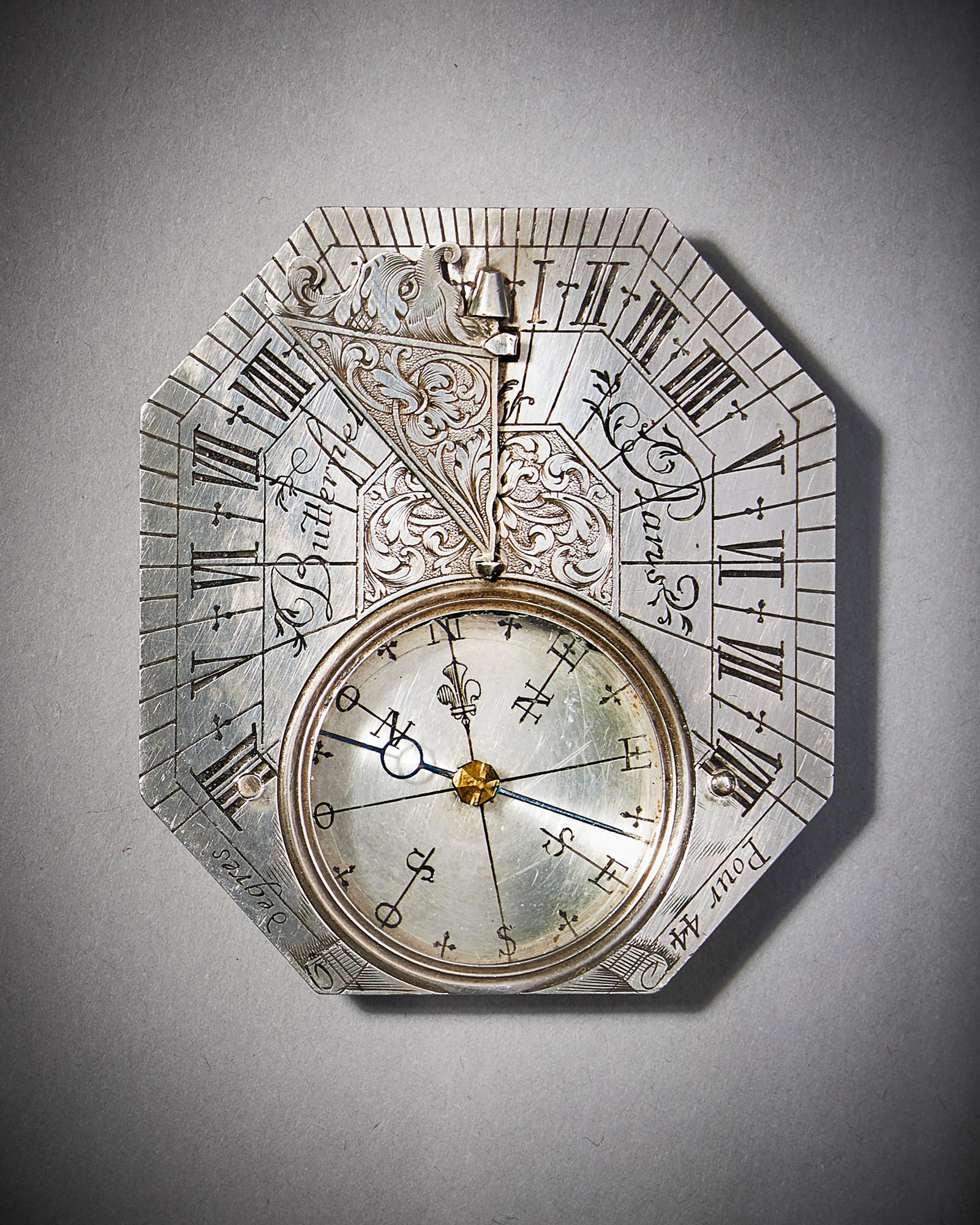 Rare Silver Pocket Sundial and Compass by Michael Butterfield, Paris, circa 1700 4