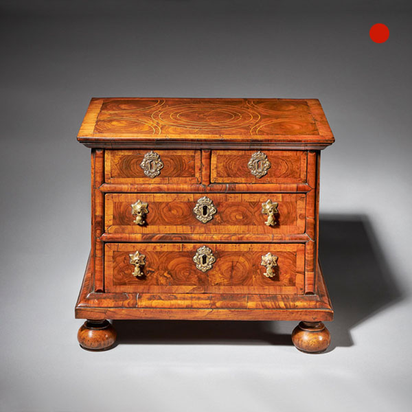 Diminutive 17th century William and Mary Olive Oyster Miniature Chest of Drawers