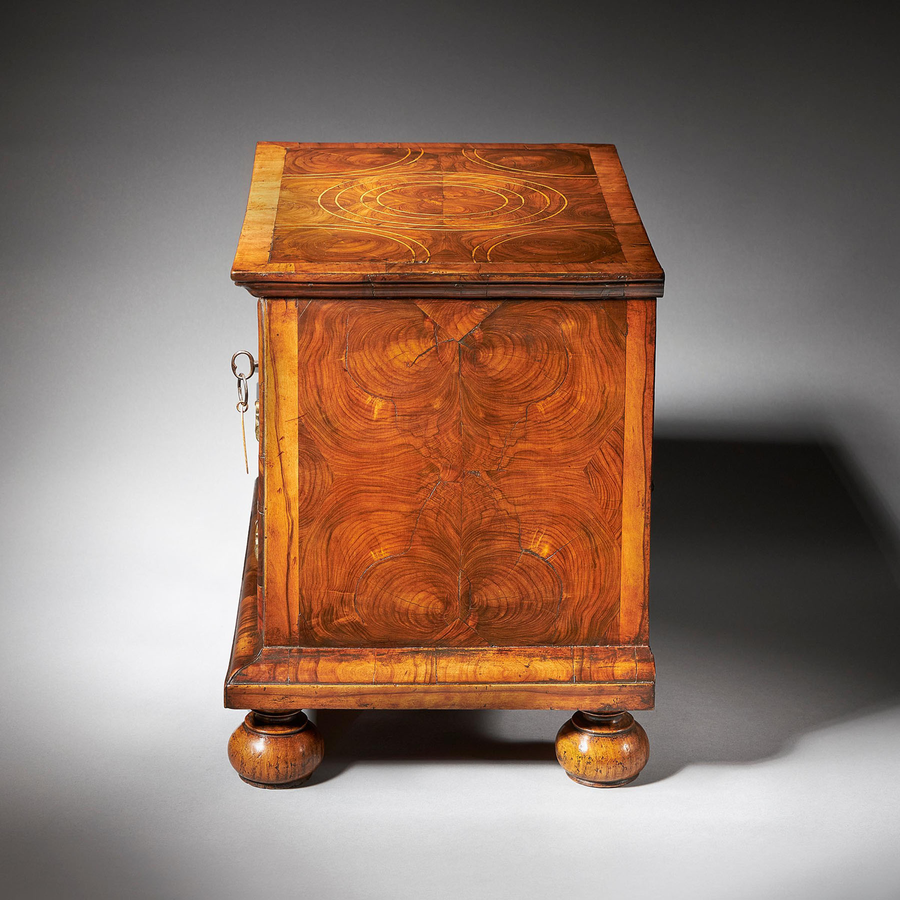 Diminutive 17th century William and Mary Olive Oyster Miniature Chest of Drawers 15