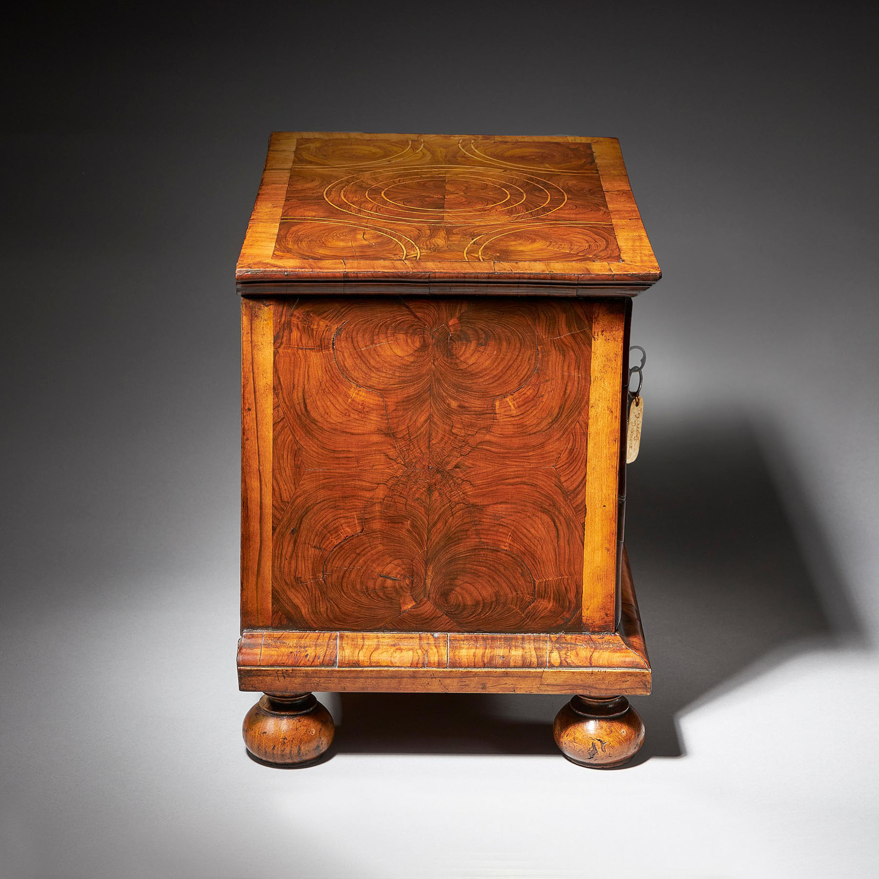 Diminutive 17th century William and Mary Olive Oyster Miniature Chest of Drawers 13