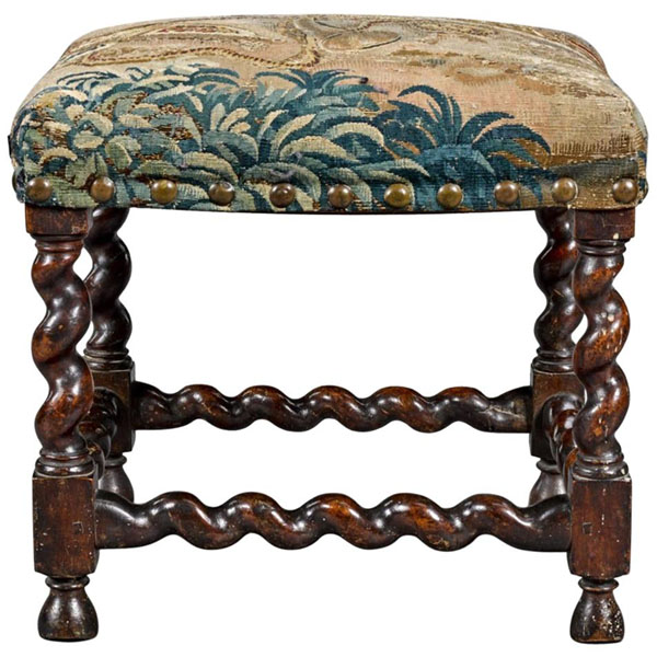 Large 17th Century William and Mary Figured Walnut Cushion Mirror 20 Fine 17th Century Barley or Solomonic Twist Baroque Walnut Stool with Tapestry