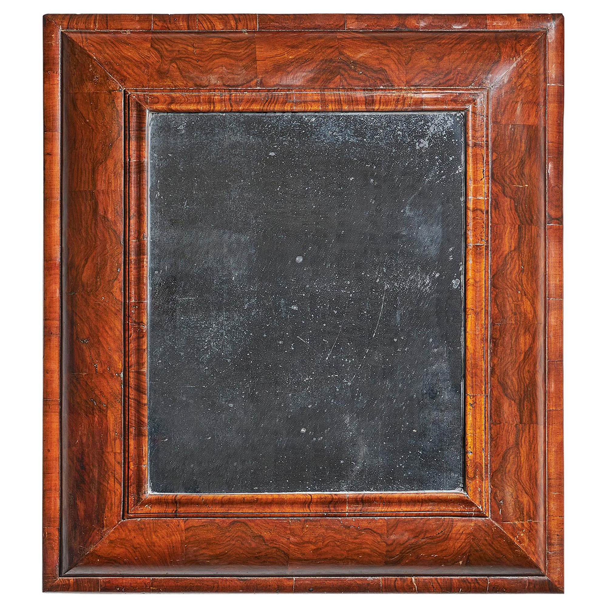 Large 17th Century William and Mary Figured Walnut Cushion Mirror