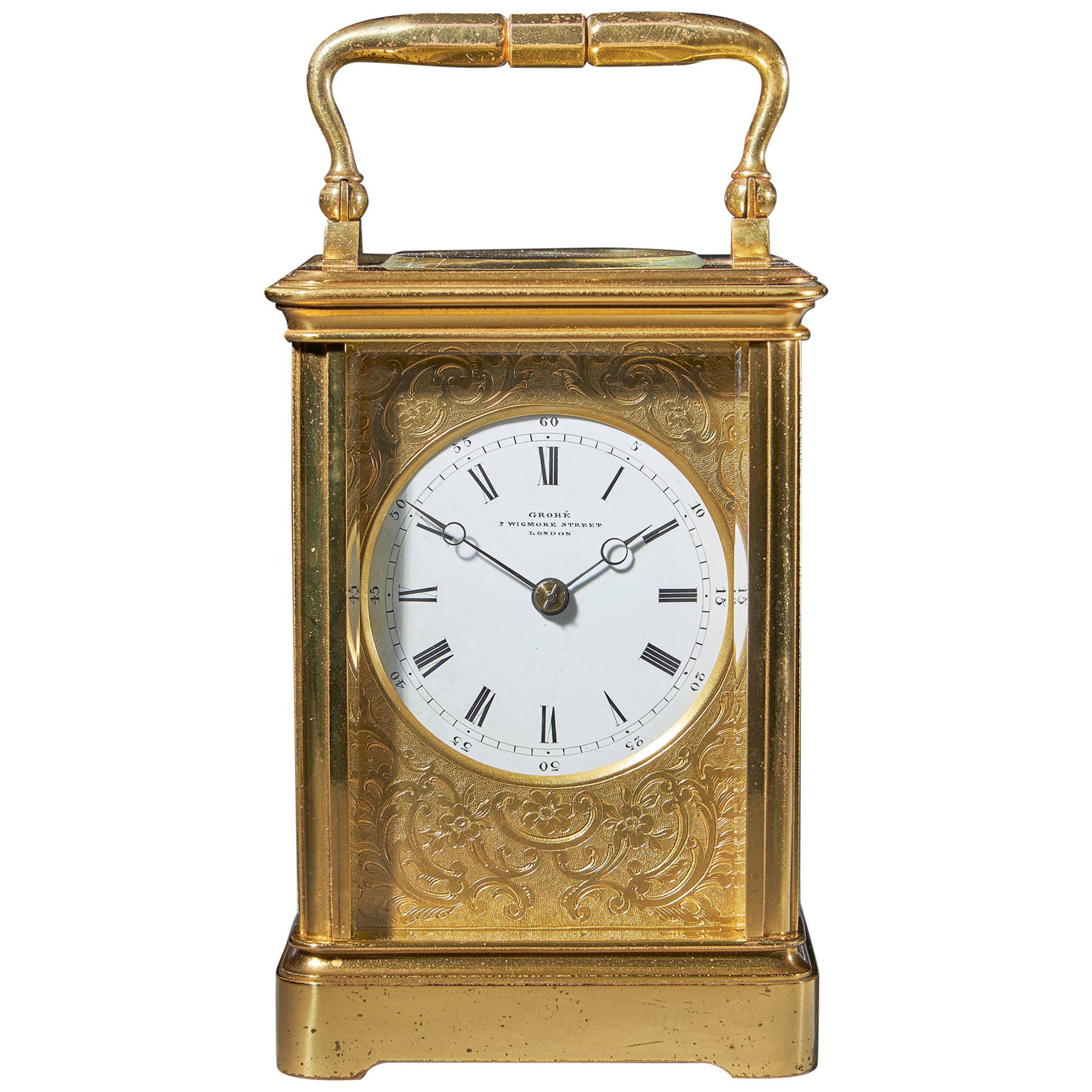 Striking 19th Century Carriage Clock with a Gilt-Brass Corniche Case by Grohé 1