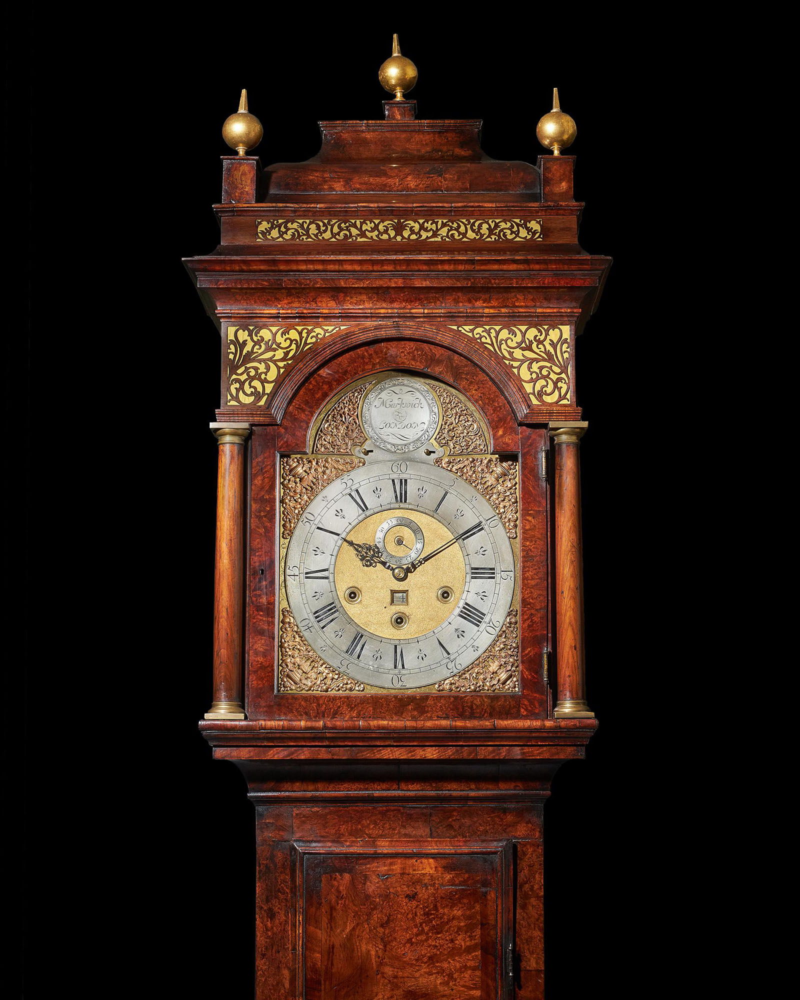 The 10.12ft 18th Century George I Bur/Burl Walnut Month Longcase Clock by James Markwick 8