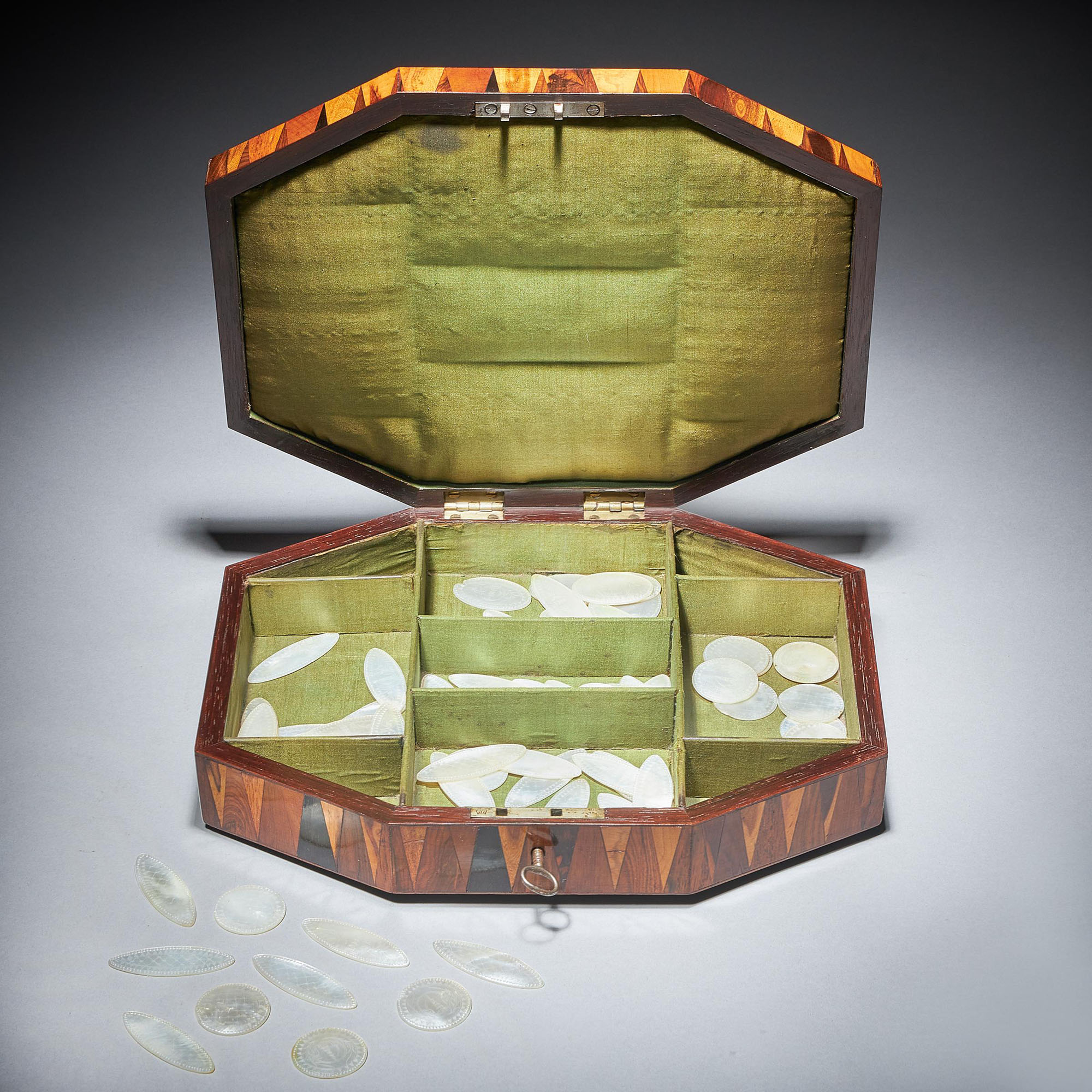 George IV Regency Exotic Wood Specimen Parquetry Games Box or Jewellery Box 4