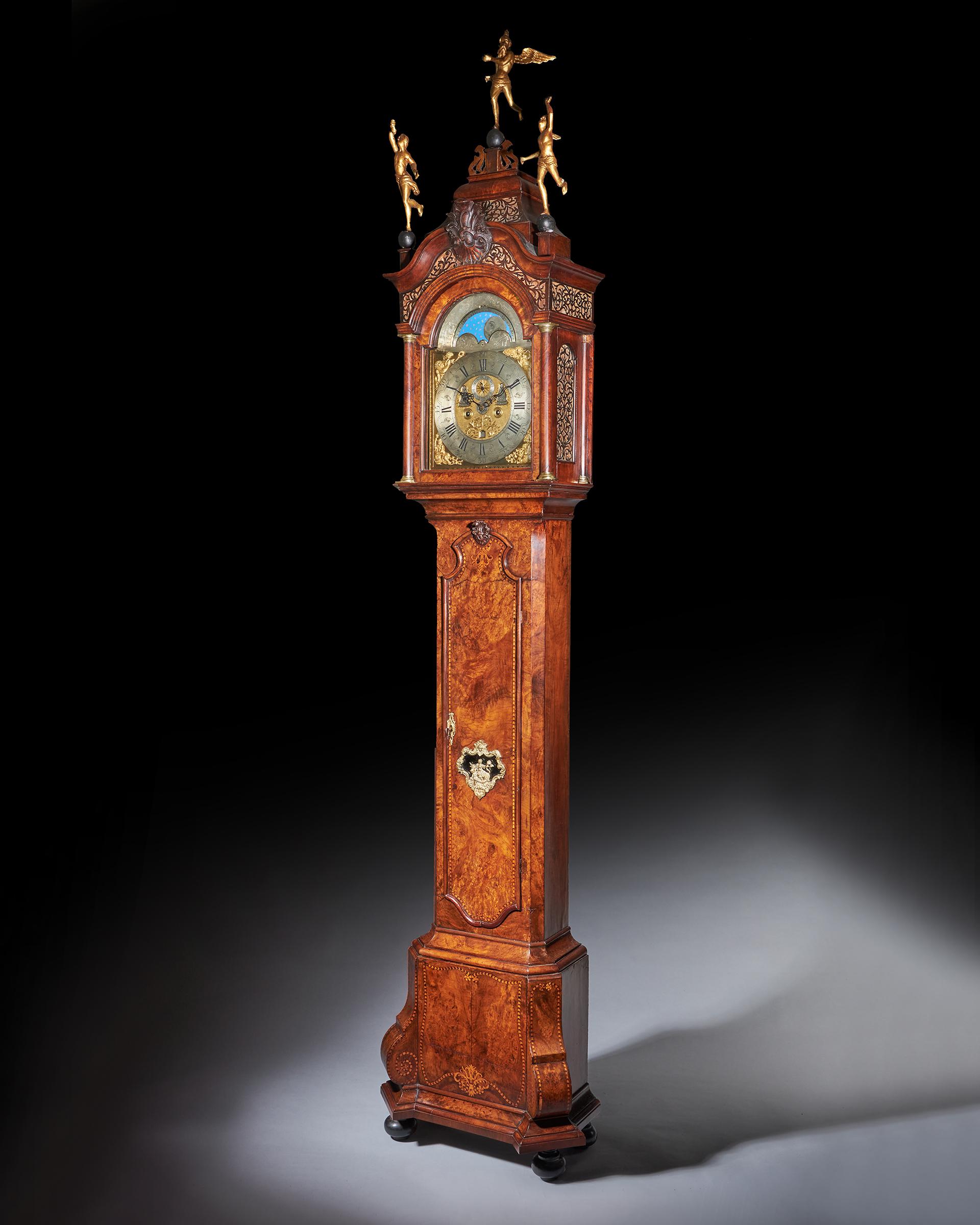 Magnificent 18th Century Striking Dutch Amsterdam Burl Walnut Longcase Clock 1