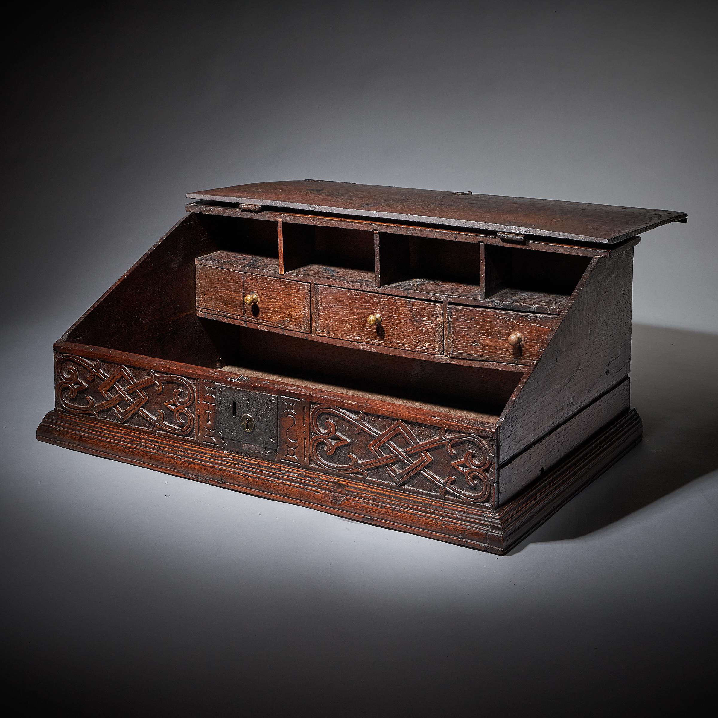 17th Century Charles II Carved Oak Writing Box or Desk Box circa 1660 England 2