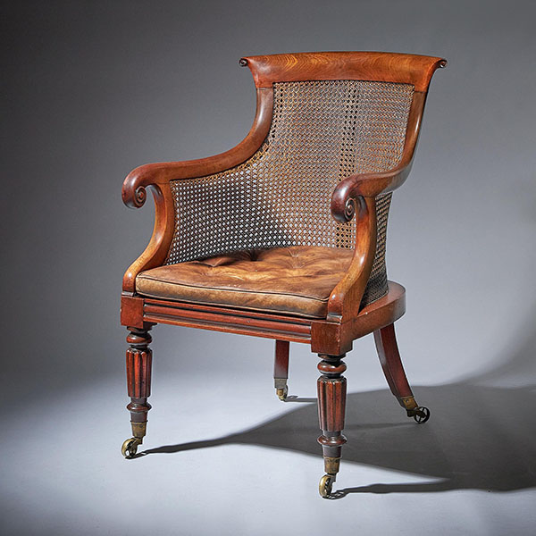 Early William IV Mahogany Bergère Armchair of Large Scale with original leather