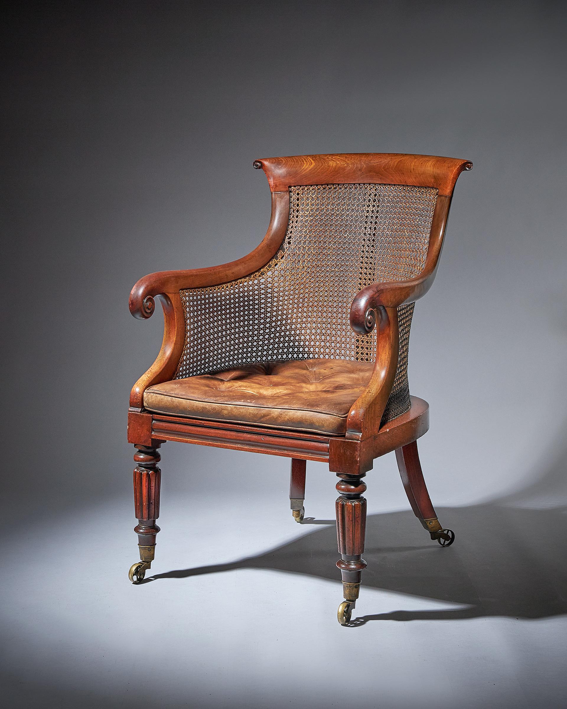 Early William IV Mahogany Bergère Armchair of Large Scale with original leather 1