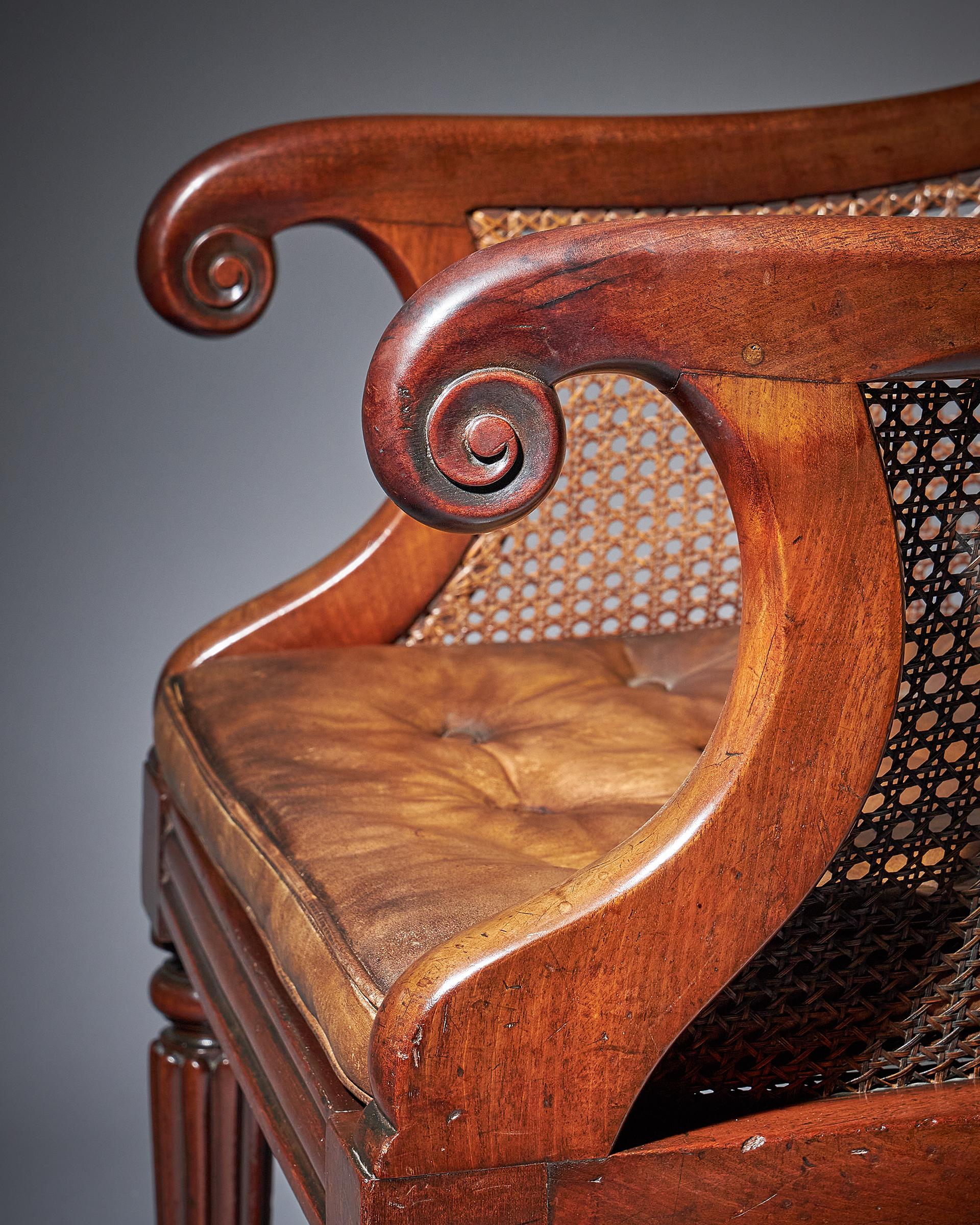 Early William IV Mahogany Bergère Armchair of Large Scale with original leather 3