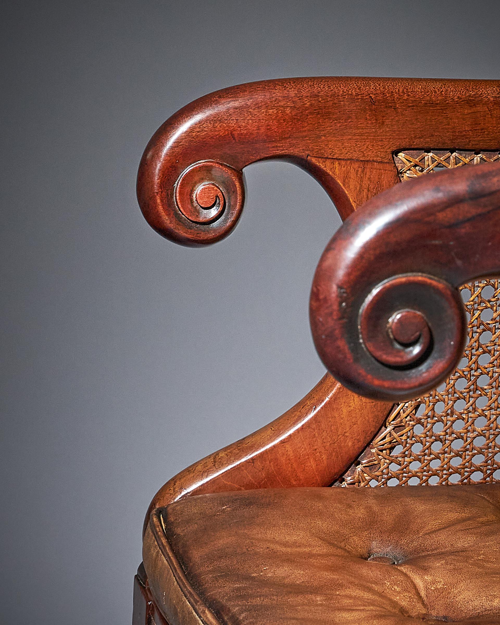 Early William IV Mahogany Bergère Armchair of Large Scale with original leather 4