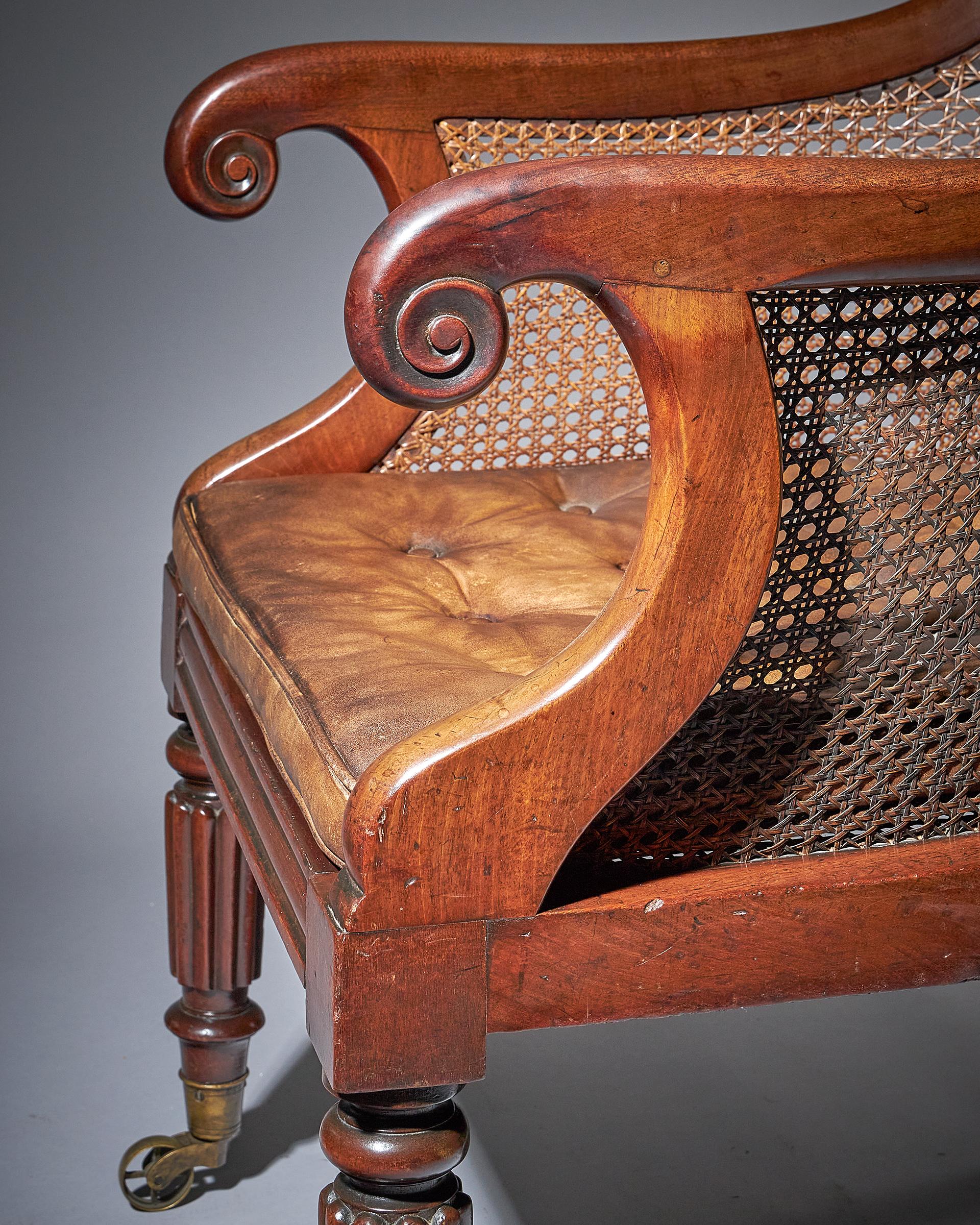 Early William IV Mahogany Bergère Armchair of Large Scale with original leather 5