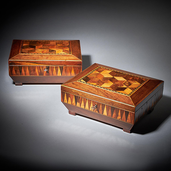 Pair of George IV Regency Specimen Wood Parquetry Boxes of Sarcophagus Shape