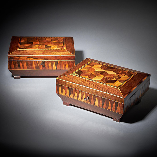 Antique Furniture Sales | Alexander George Fine Antiques 6 Pair of George IV Regency Specimen Wood Parquetry Boxes of Sarcophagus Shape