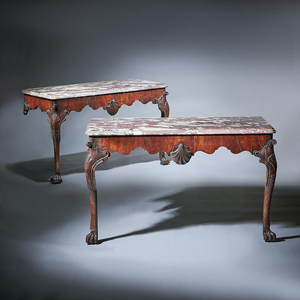 Antique Furniture Sales | Alexander George Fine Antiques 36 Important Pair of George II Irish Walnut Console Tables, breccia Violat Marble