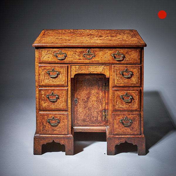 Important Pair of George II Irish Walnut Console Tables, breccia Violat Marble 40 Rare Burr Walnut George II 18th Century Kneehole Desk, circa 1730-1740. England