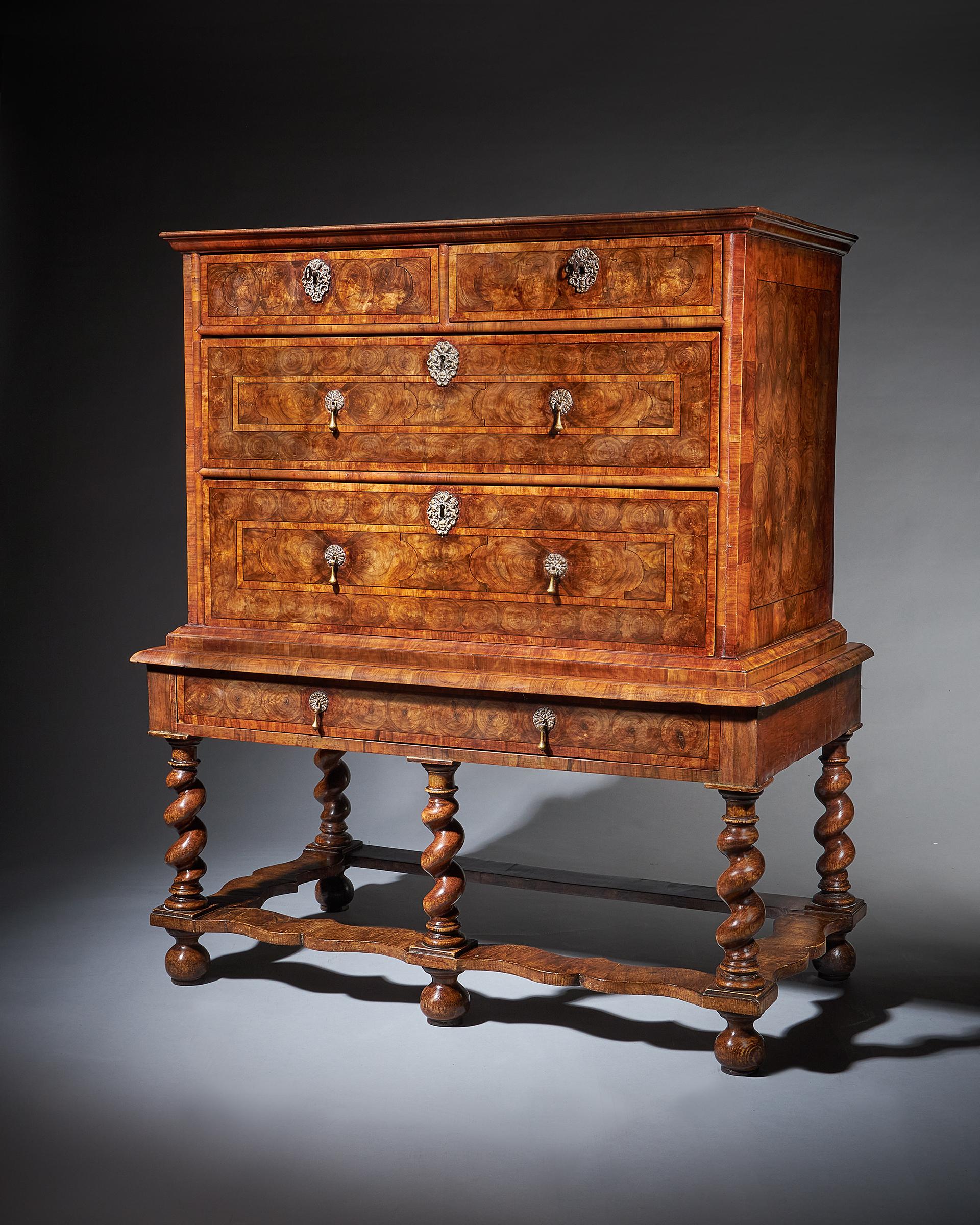 William and Mary 17th Century Olive Oyster Chest on Stand, circa 1680-1690 1