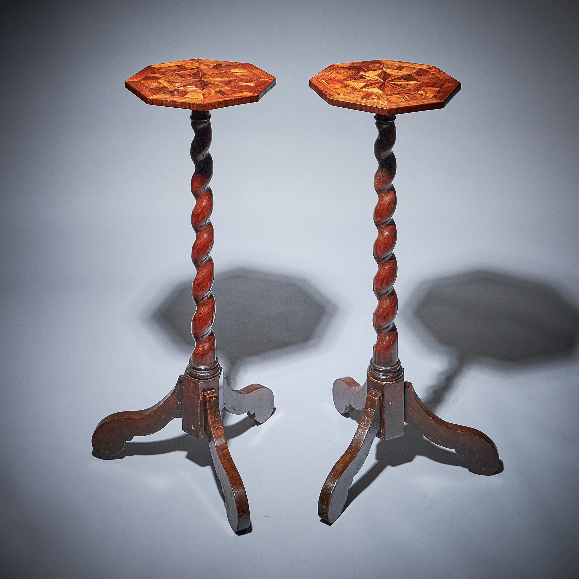 A Unique Pair of 17th Century Kingwood Charles II Parquetry Torchieres, Circa 1660. 2