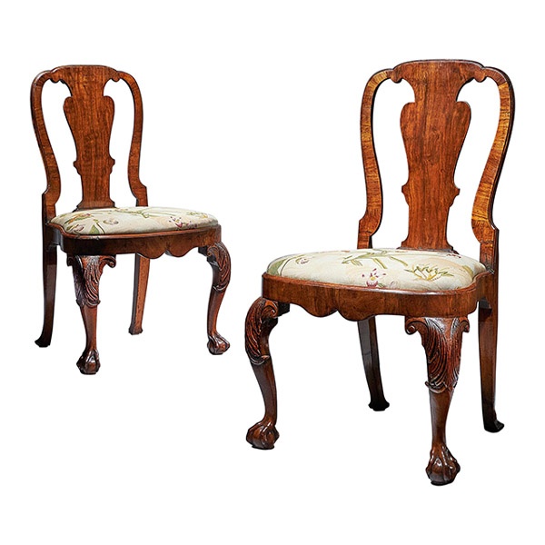 Important Pair of George II Irish Walnut Console Tables, breccia Violat Marble 47 Pair of 18th Century George I Carved Walnut Chairs