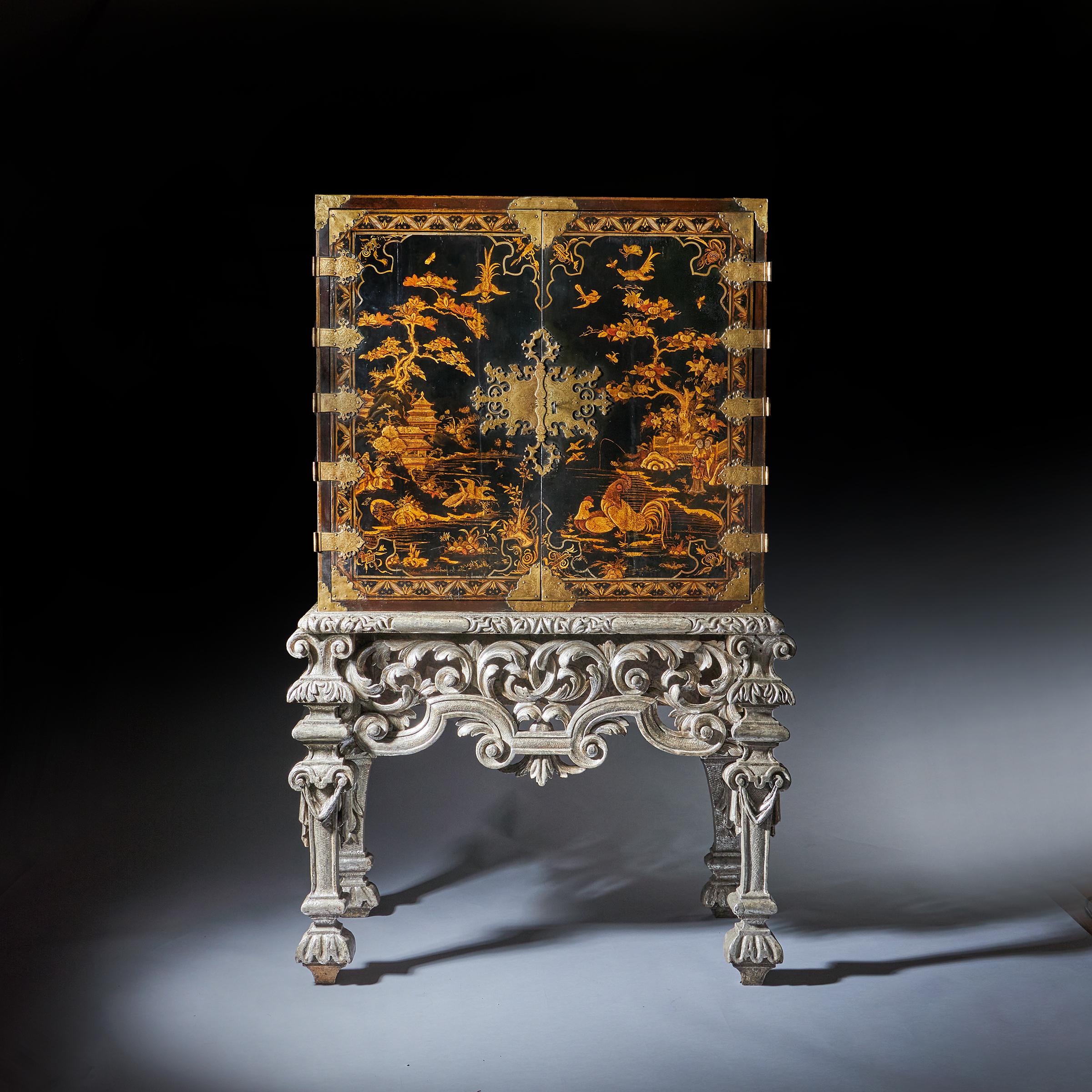 17th Century William and Mary Japanned Cabinet on Original Silver Gilt Stand 1