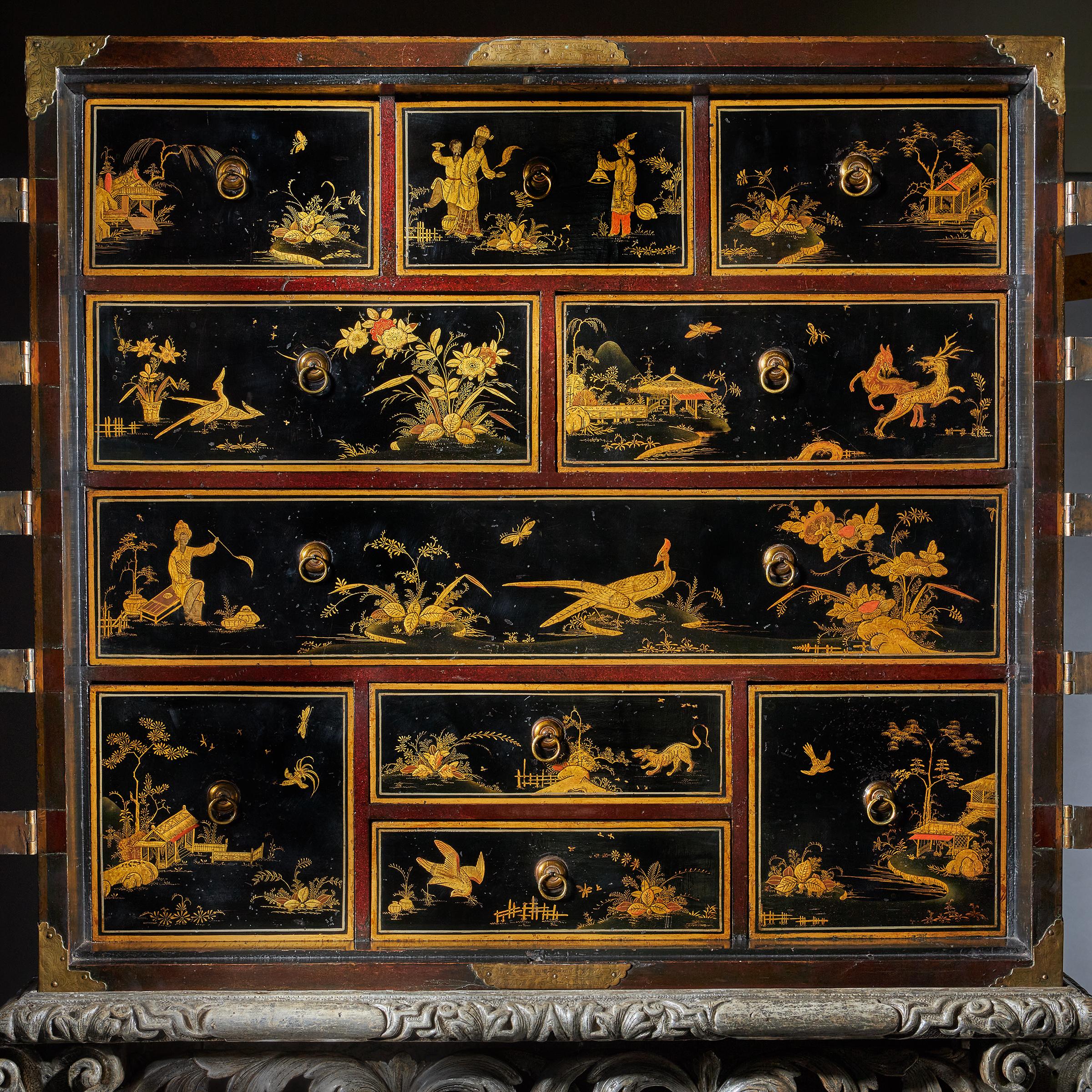 17th Century William and Mary Japanned Cabinet on Original Silver Gilt Stand 11