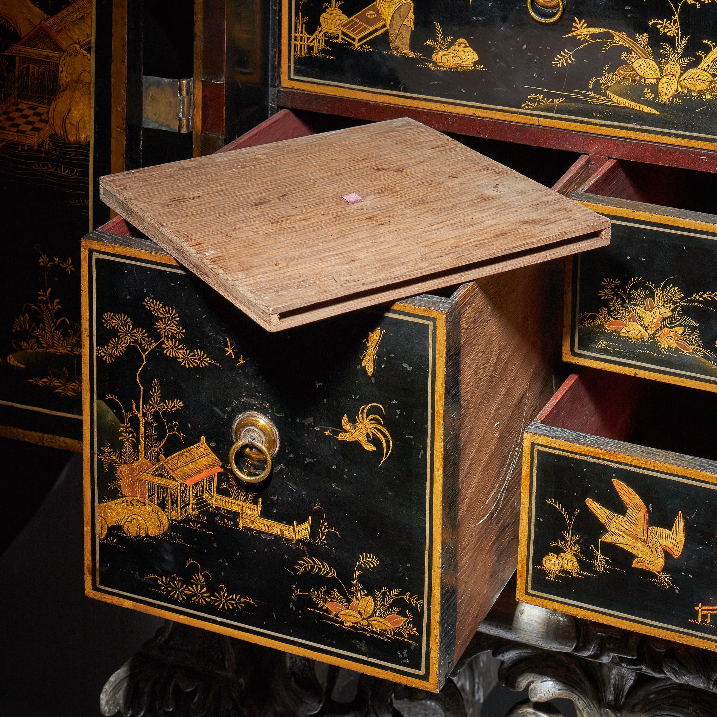 17th Century William and Mary Japanned Cabinet on Original Silver Gilt Stand 16