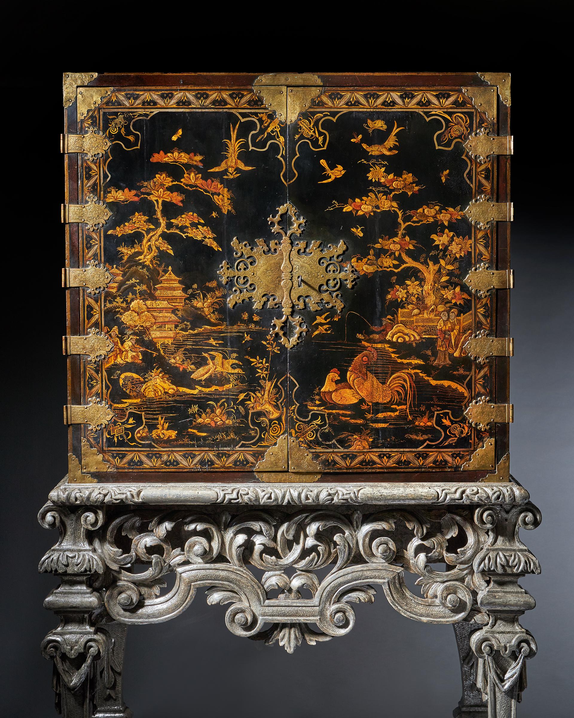 17th Century William and Mary Japanned Cabinet on Original Silver Gilt Stand 17