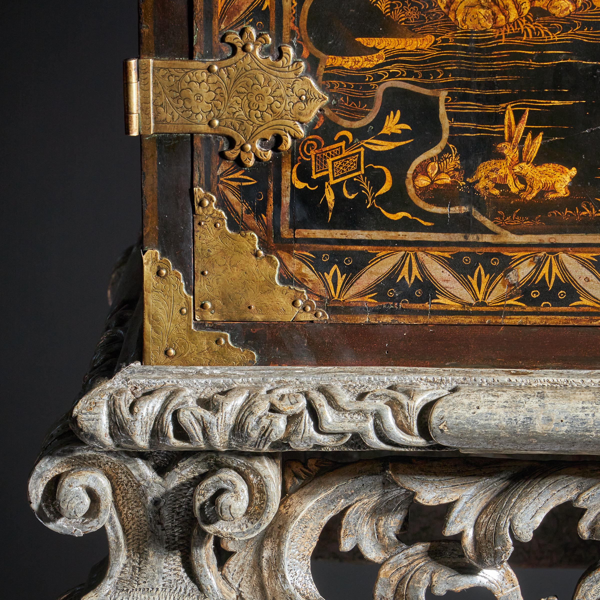 17th Century William and Mary Japanned Cabinet on Original Silver Gilt Stand 18